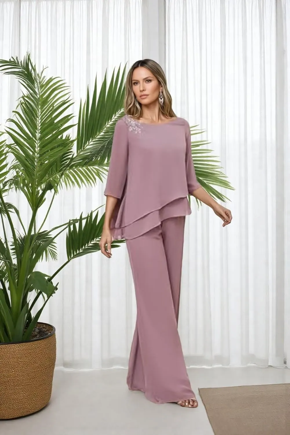 2 Pieces Mother of The Bride Pants Suits with Sleeves Lace Appliqued Chiffon Formal Outfit