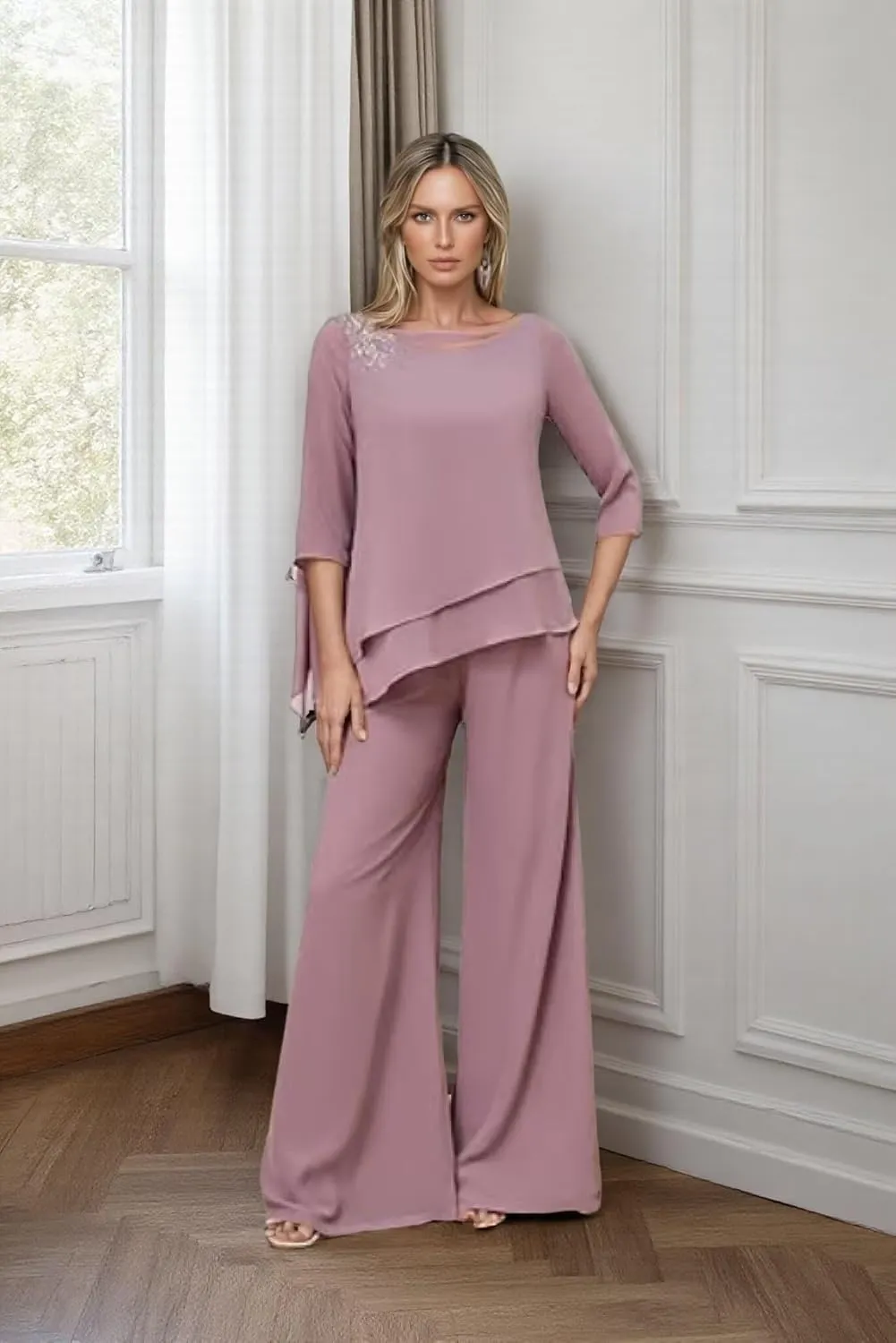 2 Pieces Mother of The Bride Pants Suits with Sleeves Lace Appliqued Chiffon Formal Outfit