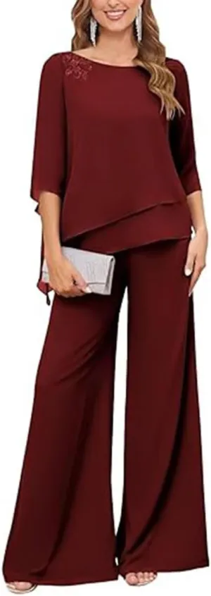 2 Pieces Mother of The Bride Pants Suits with Sleeves Lace Appliqued Chiffon Formal Outfit
