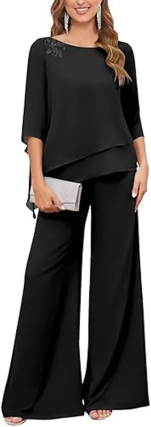 2 Pieces Mother of The Bride Pants Suits with Sleeves Lace Appliqued Chiffon Formal Outfit