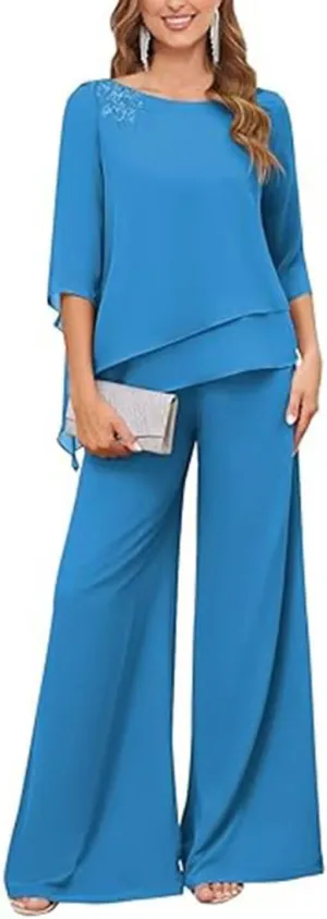2 Pieces Mother of The Bride Pants Suits with Sleeves Lace Appliqued Chiffon Formal Outfit