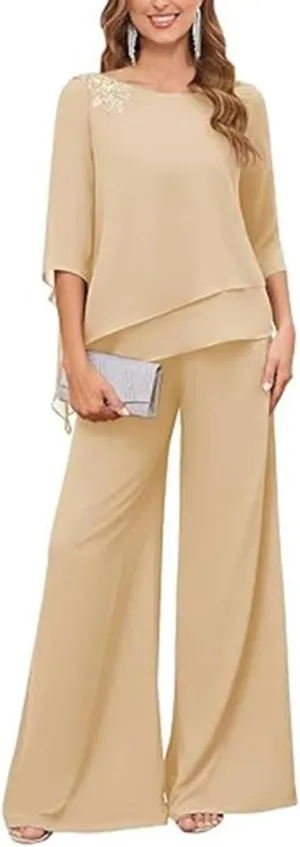 2 Pieces Mother of The Bride Pants Suits with Sleeves Lace Appliqued Chiffon Formal Outfit