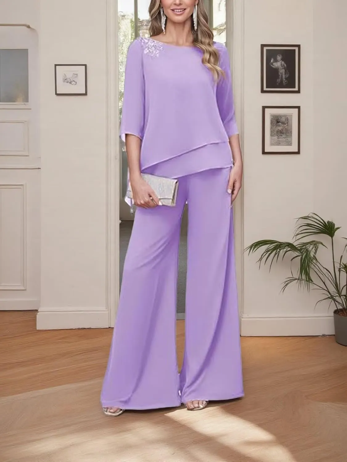 2 Pieces Mother of The Bride Pants Suits with Sleeves Lace Appliqued Chiffon Formal Outfit