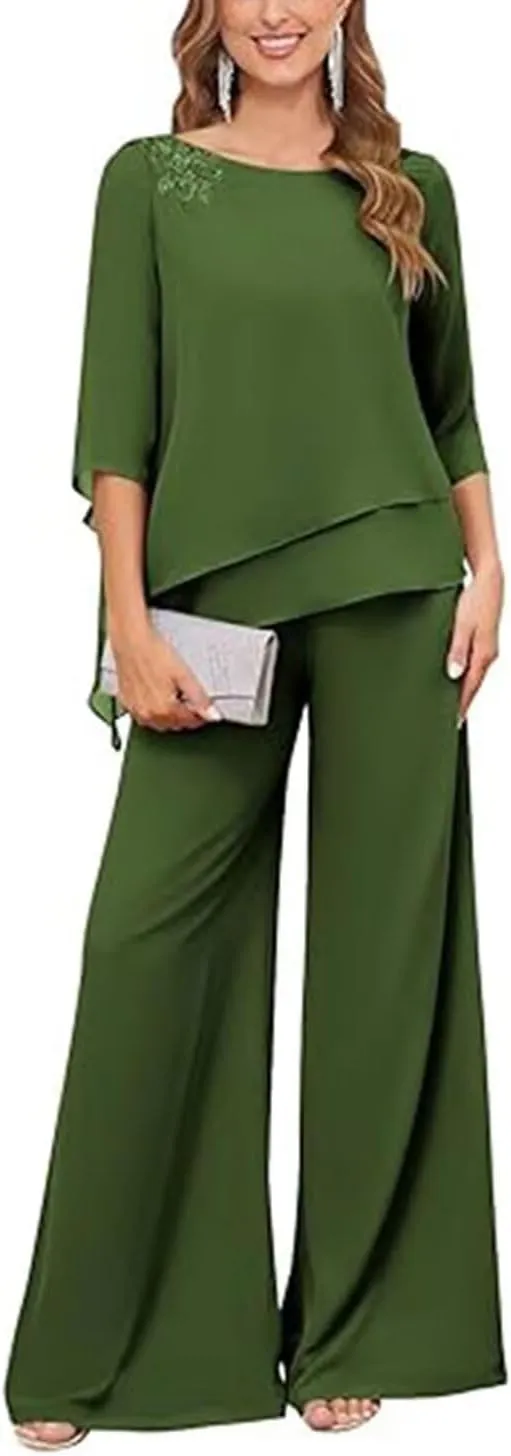 2 Pieces Mother of The Bride Pants Suits with Sleeves Lace Appliqued Chiffon Formal Outfit