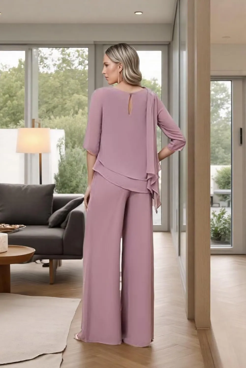 2 Pieces Mother of The Bride Pants Suits with Sleeves Lace Appliqued Chiffon Formal Outfit