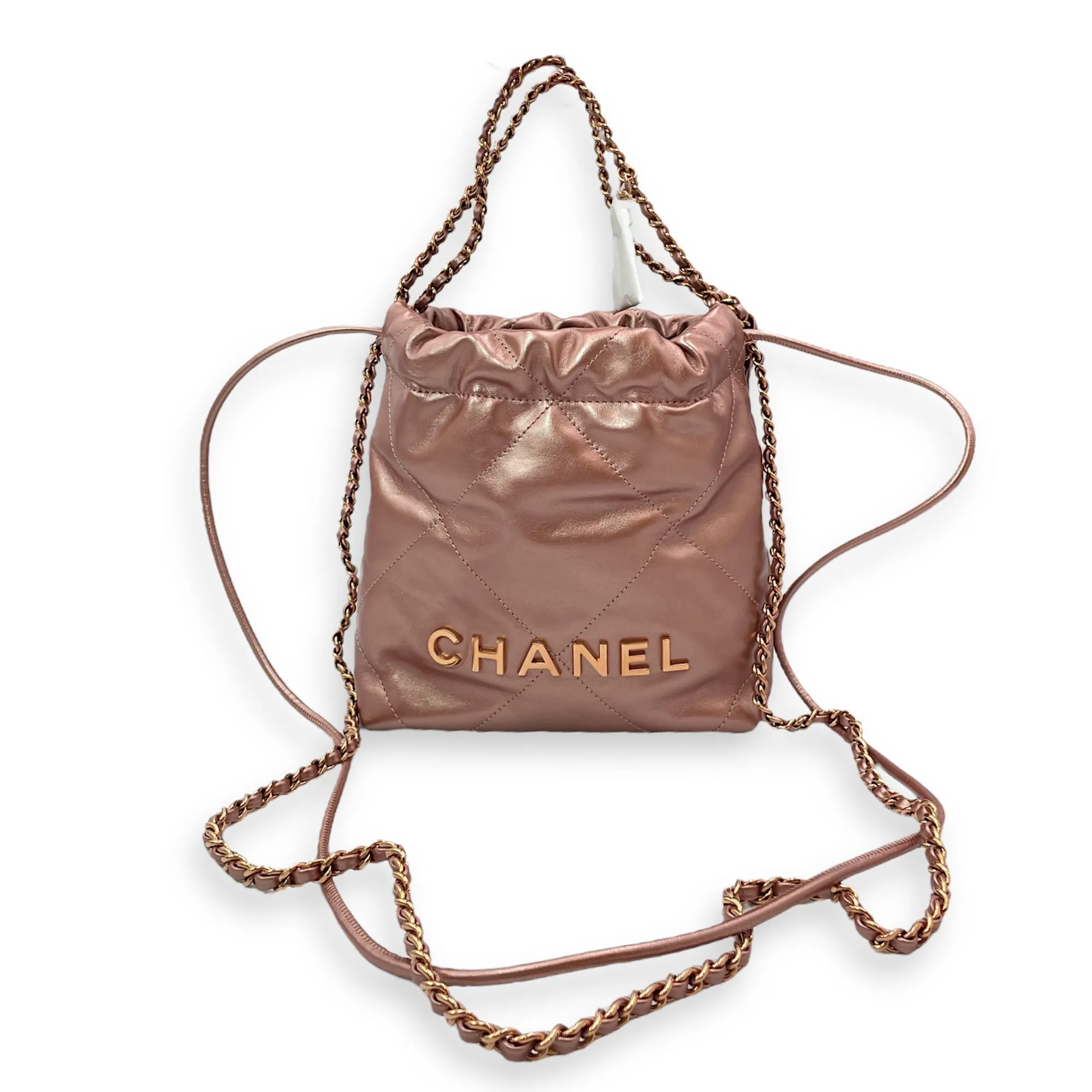 22 Tote 20 Pink Crossbody Bag in Metallic, Rose Gold hardware