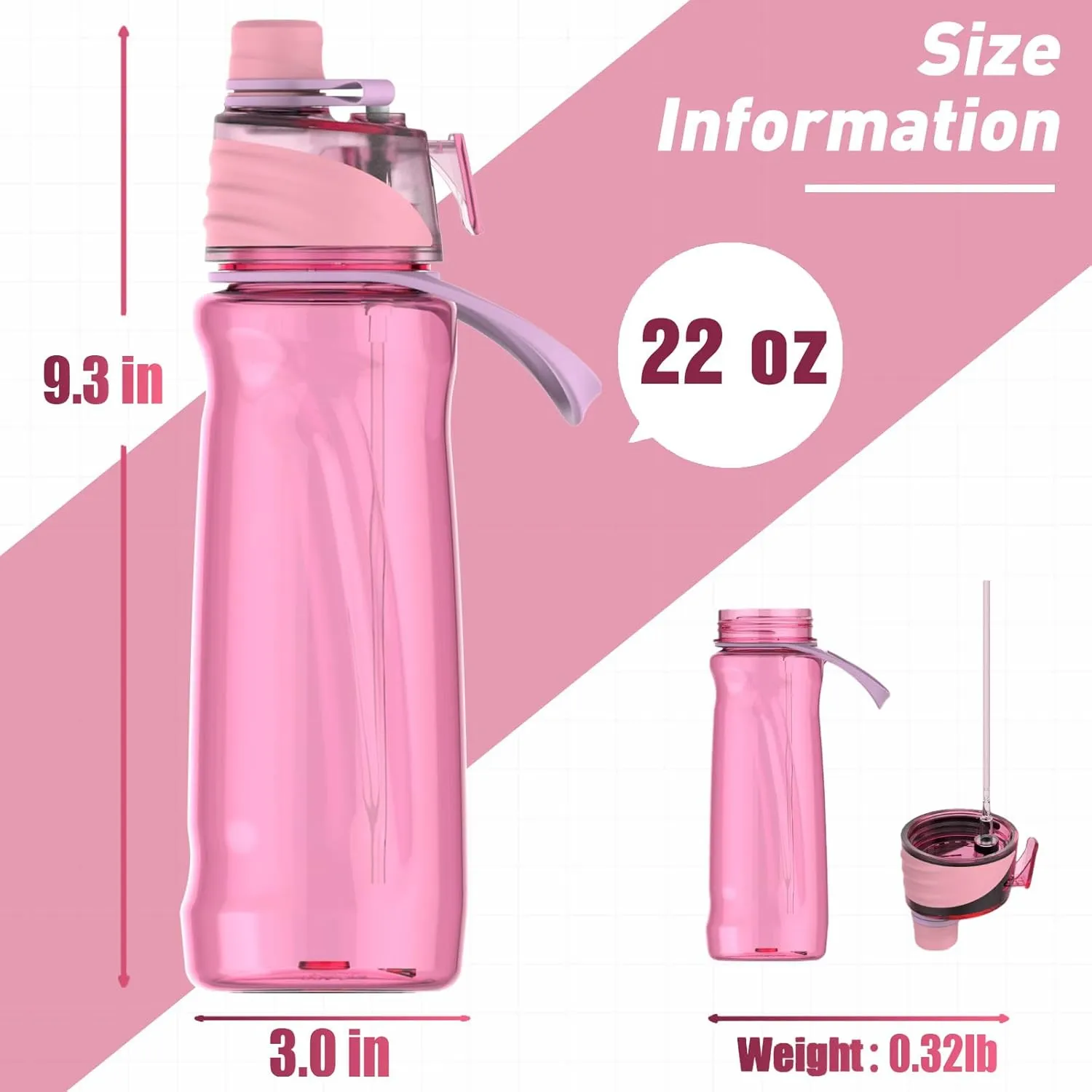 22OZ Misting Water Bottle, 2-in-1 Mist and Sip Water Bottles, Mist Water Bottle for Drinking, Great for Hiking/Running/Outdoor Activity, BPA-Free & Leakproof, Pink