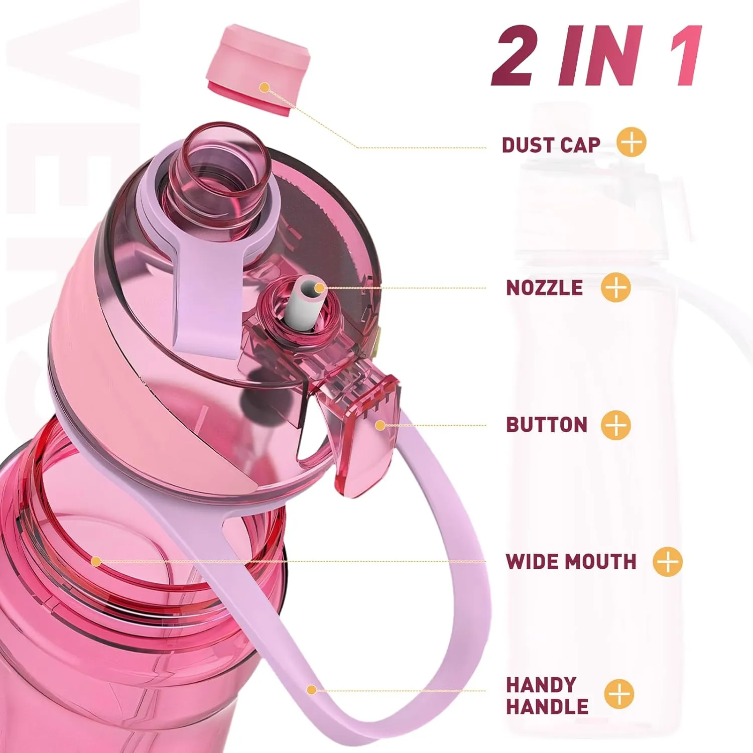 22OZ Misting Water Bottle, 2-in-1 Mist and Sip Water Bottles, Mist Water Bottle for Drinking, Great for Hiking/Running/Outdoor Activity, BPA-Free & Leakproof, Pink
