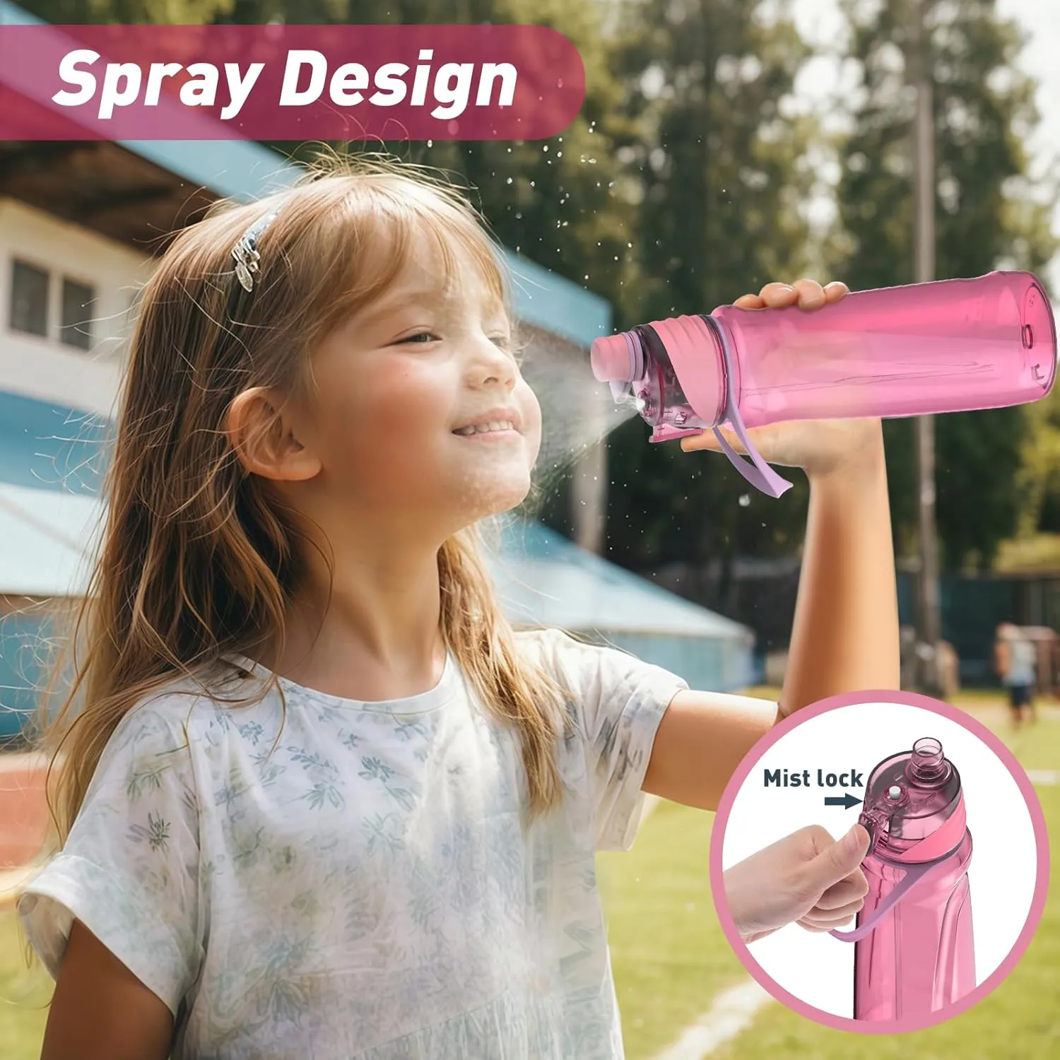 22OZ Misting Water Bottle, 2-in-1 Mist and Sip Water Bottles, Mist Water Bottle for Drinking, Great for Hiking/Running/Outdoor Activity, BPA-Free & Leakproof, Pink