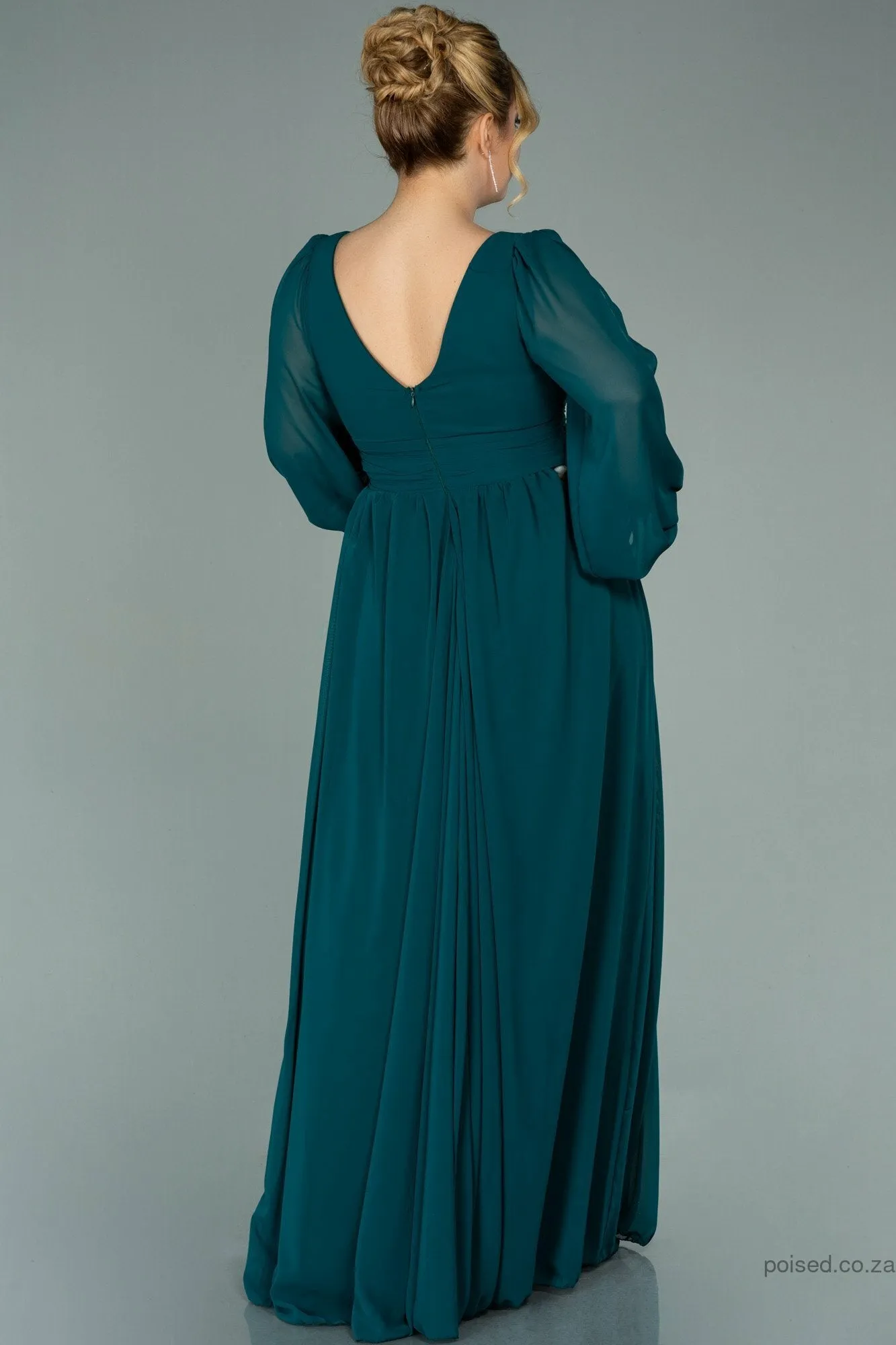 29940 Emerald Green Sheer Sleeve Slit Chiffon Dress