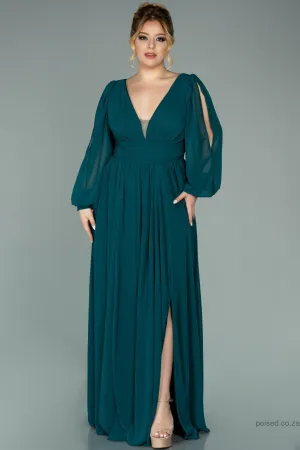 29940 Emerald Green Sheer Sleeve Slit Chiffon Dress