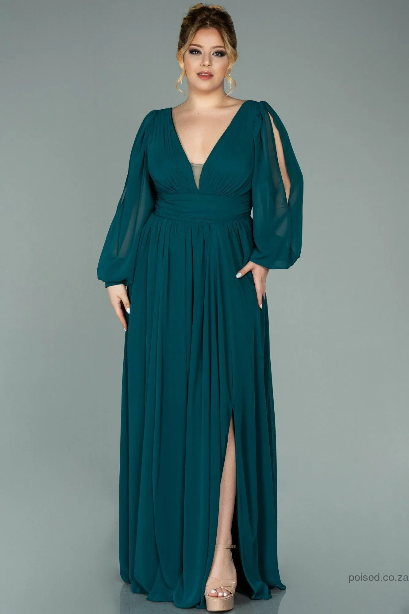 29940 Emerald Green Sheer Sleeve Slit Chiffon Dress