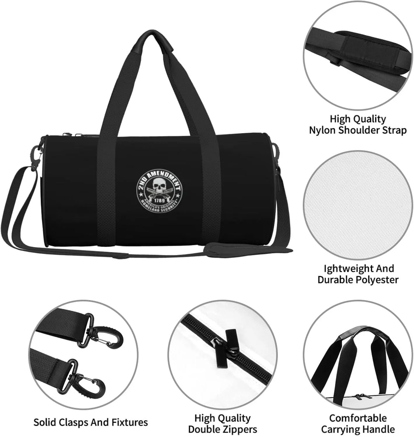 2nd Amendment Skull Travel Luggage Duffel Bag Sports Rolling Foldable Duffel Bag, Black