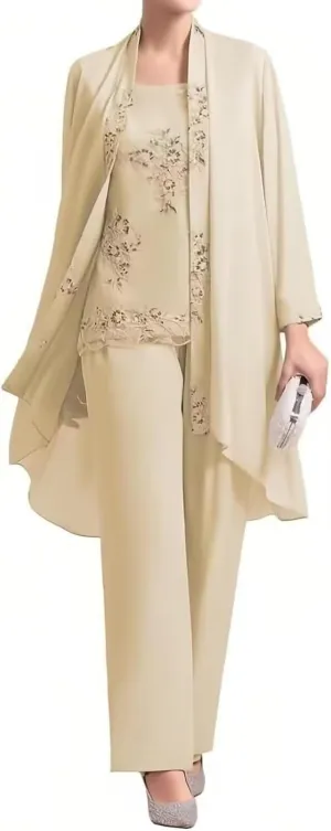 3 Piece Chiffon Mother of The Bride Pant Suits for Wedding Lace Applique Formal Outfits for Women Guest Long Sleeve