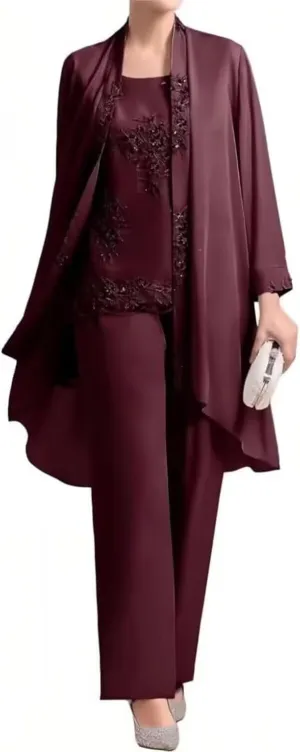 3 Piece Chiffon Mother of The Bride Pant Suits for Wedding Lace Applique Formal Outfits for Women Guest Long Sleeve