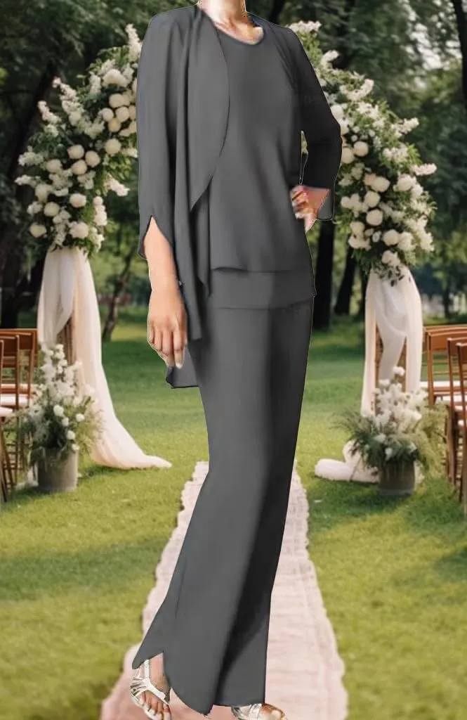 3 Pieces Mother of The Bride Dresses Pant Suits Chiffon Wedding Guest Groom Formal Outfit Sets Tiered with Jacket Women