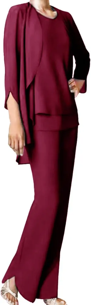 3 Pieces Mother of The Bride Dresses Pant Suits Chiffon Wedding Guest Groom Formal Outfit Sets Tiered with Jacket Women