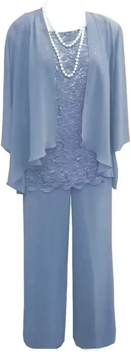 3 Pieces Mother of The Bride Dresses with Jacket for Wedding Chiffon Formal Evening Party Dresses with 3/4 Sleeves HND006