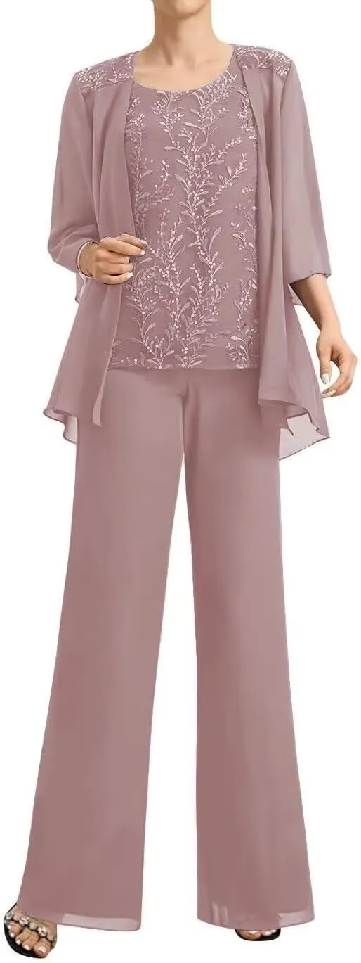 3 Pieces Mother of The Bride Pantsuits for Women Dressy Wedding Lace Appliques Formal Jumpsuit for Curvy Women