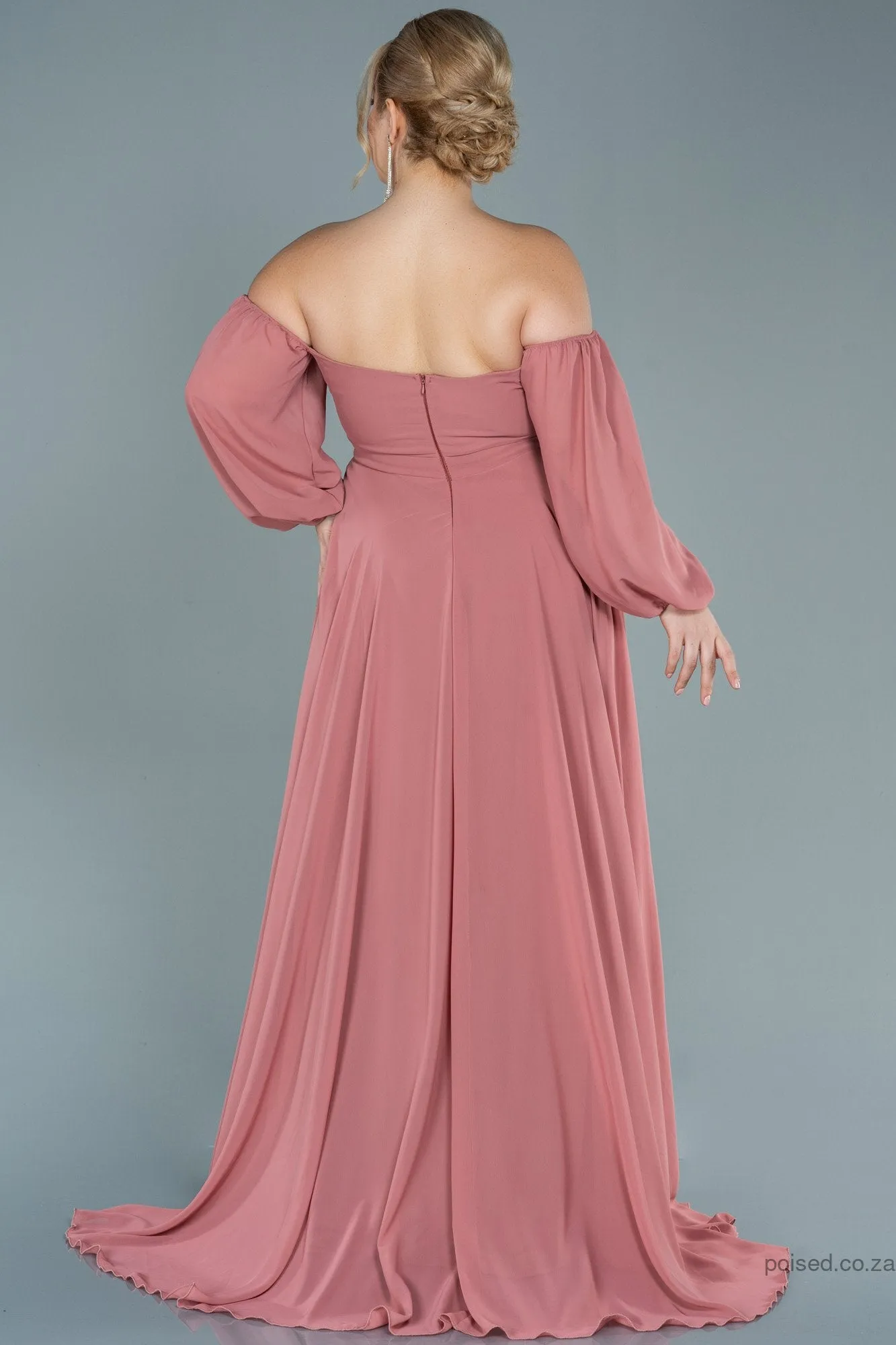 30064 Pink Off-Shoulder Draped Chiffon Slit Dress