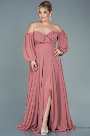 30064 Pink Off-Shoulder Draped Chiffon Slit Dress