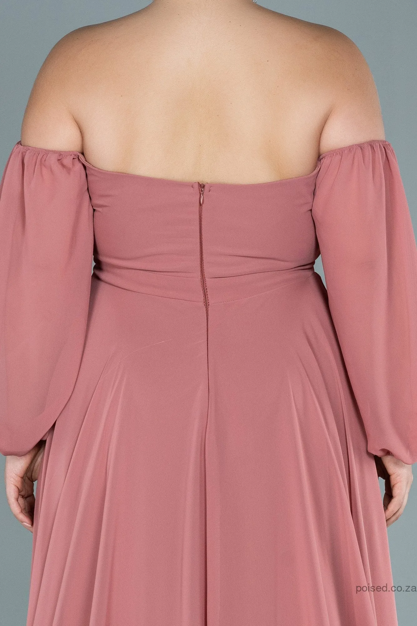 30064 Pink Off-Shoulder Draped Chiffon Slit Dress