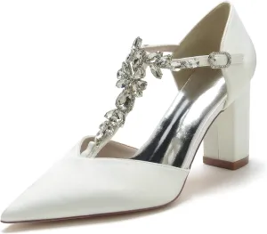 3.3'' Pointed Toe Closed Toe Chunky Heel Pumps Satin Wedding Bridal Evening Party Dress Shoes T Strap Court Shoes with Pearl,Ivory,9