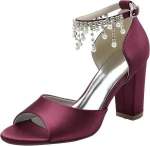 3.3'' Women's Chunky Heel Sandal Peep Toe Ankle Strap Dress Shoes for Bridesmaid Wedding Bridal Wedding Shoes with Pearl Tassel