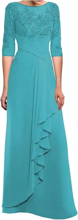 3/4 Long Sleeves Mother of The Bride Dresses for Wedding Lace Applique Ruched Formal Dresses for Women Evening Party