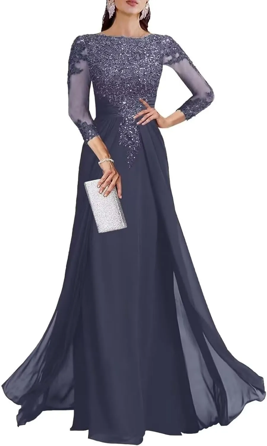 3/4 Sleeve Mother of The Bride Dresses for Wedding Sequin Lace Formal Maxi Gowns Chiffon Evening Dresses