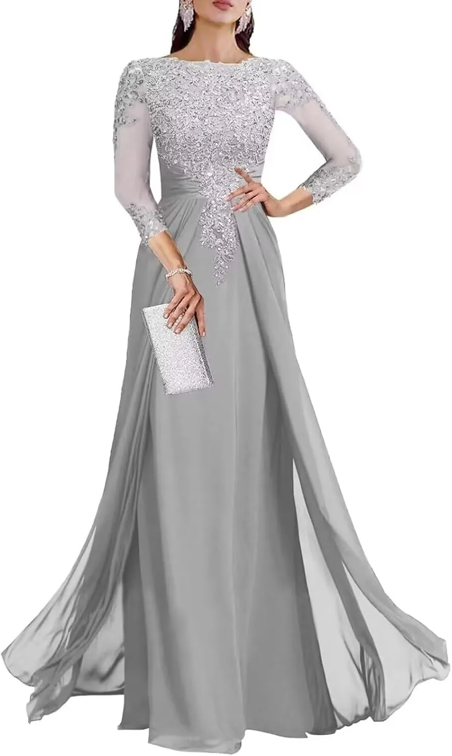 3/4 Sleeve Mother of The Bride Dresses for Wedding Sequin Lace Formal Maxi Gowns Chiffon Evening Dresses