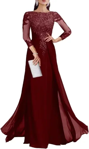 3/4 Sleeve Mother of The Bride Dresses for Wedding Sequin Lace Formal Maxi Gowns Chiffon Evening Dresses