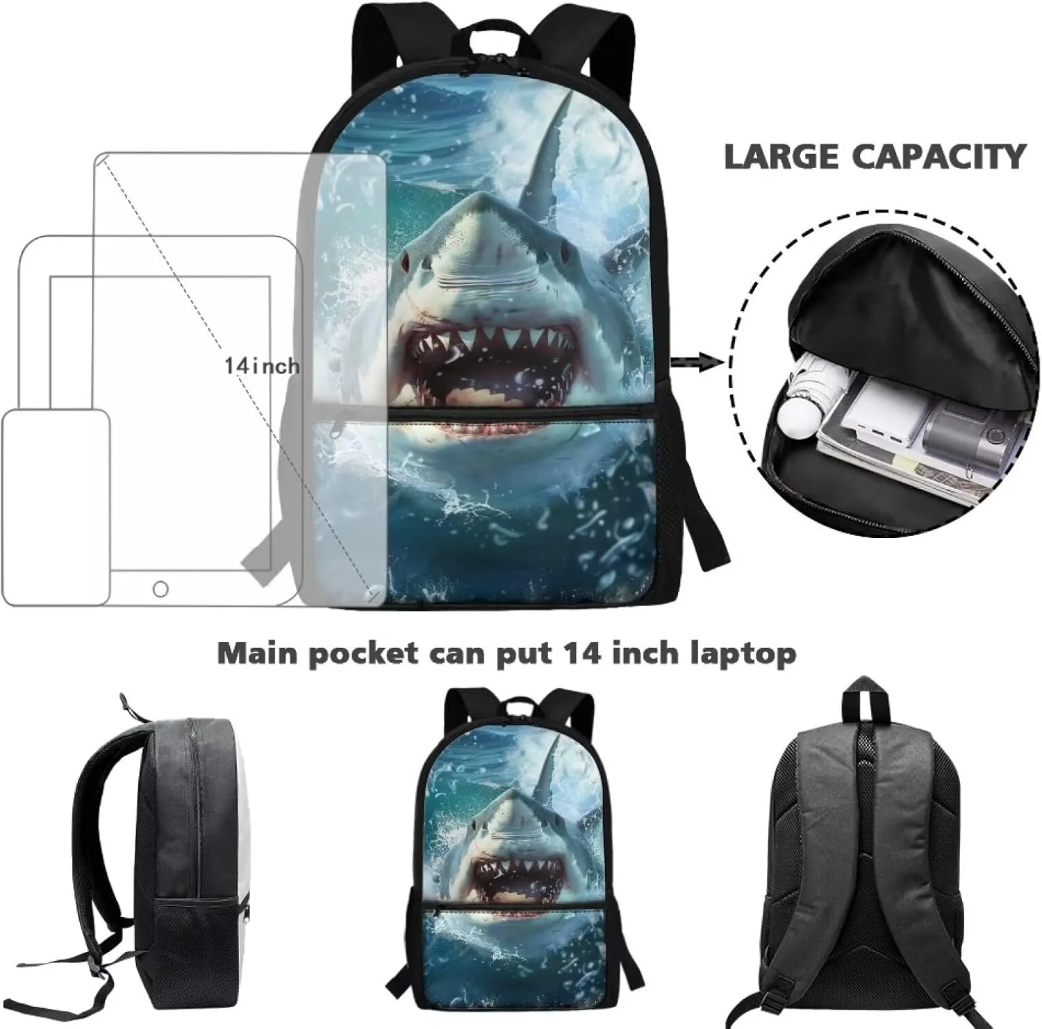 3D Shark Boys School Backpack 12-14 Years Old Teens Middle School Large School Bag Students Hiking Camping Bookbags 17 Inch Travel Laptop Bag Casual Daypack Backpacks Back Pack