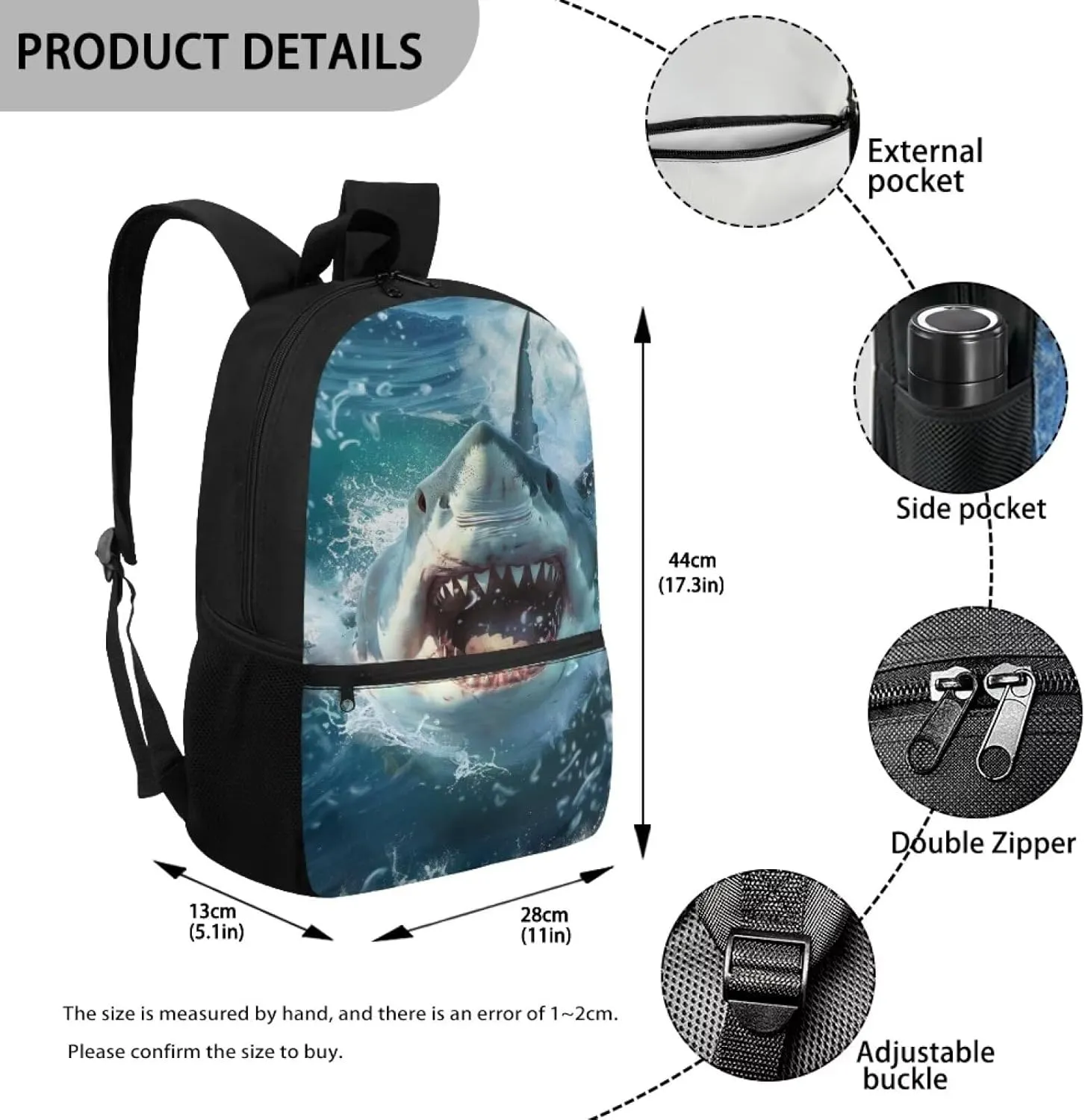 3D Shark Boys School Backpack 12-14 Years Old Teens Middle School Large School Bag Students Hiking Camping Bookbags 17 Inch Travel Laptop Bag Casual Daypack Backpacks Back Pack