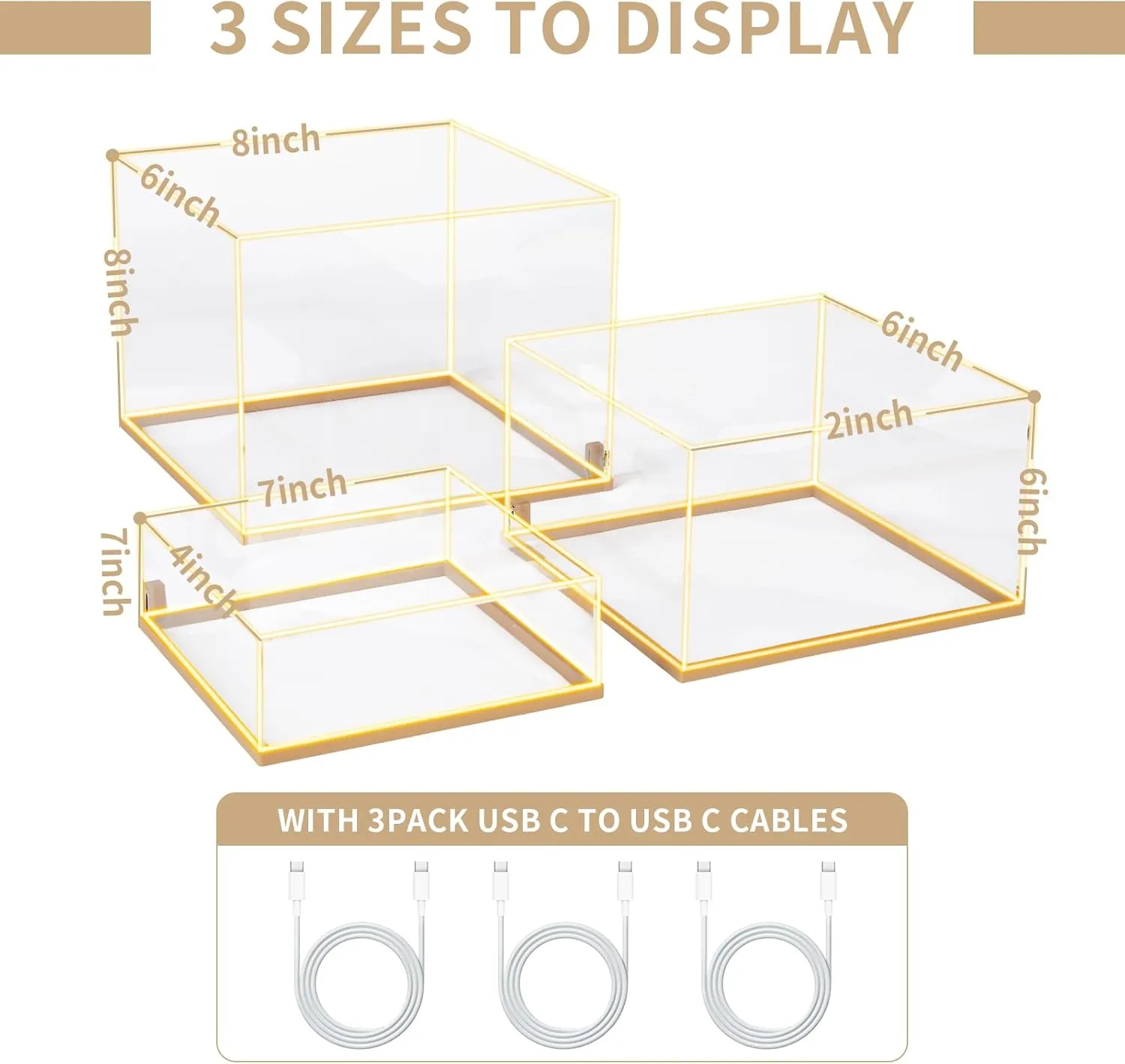 3Pcs Acrylic Display Risers with LED light, Acrylic Cube Box Clear Display Stand with Hollow Bottoms for Figures Dessert Jewelry Perfume Handbag (Clear-3pcs)