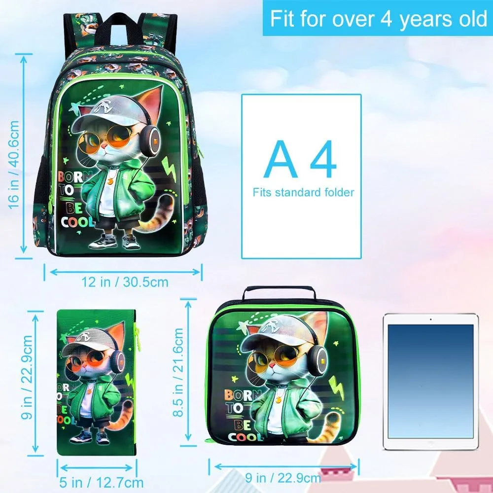 3PCS Cat Backpack for Boys, 16'' Kids Preschool Bookbag with Lunch Box, Cool Animal Water Resistant School Backpacks Set for Elementary Kindergarten Travel