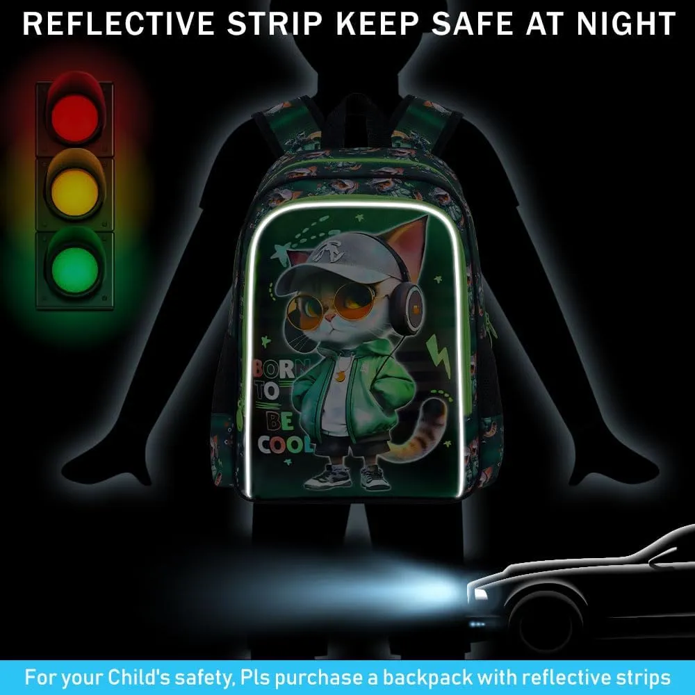 3PCS Cat Backpack for Boys, 16'' Kids Preschool Bookbag with Lunch Box, Cool Animal Water Resistant School Backpacks Set for Elementary Kindergarten Travel