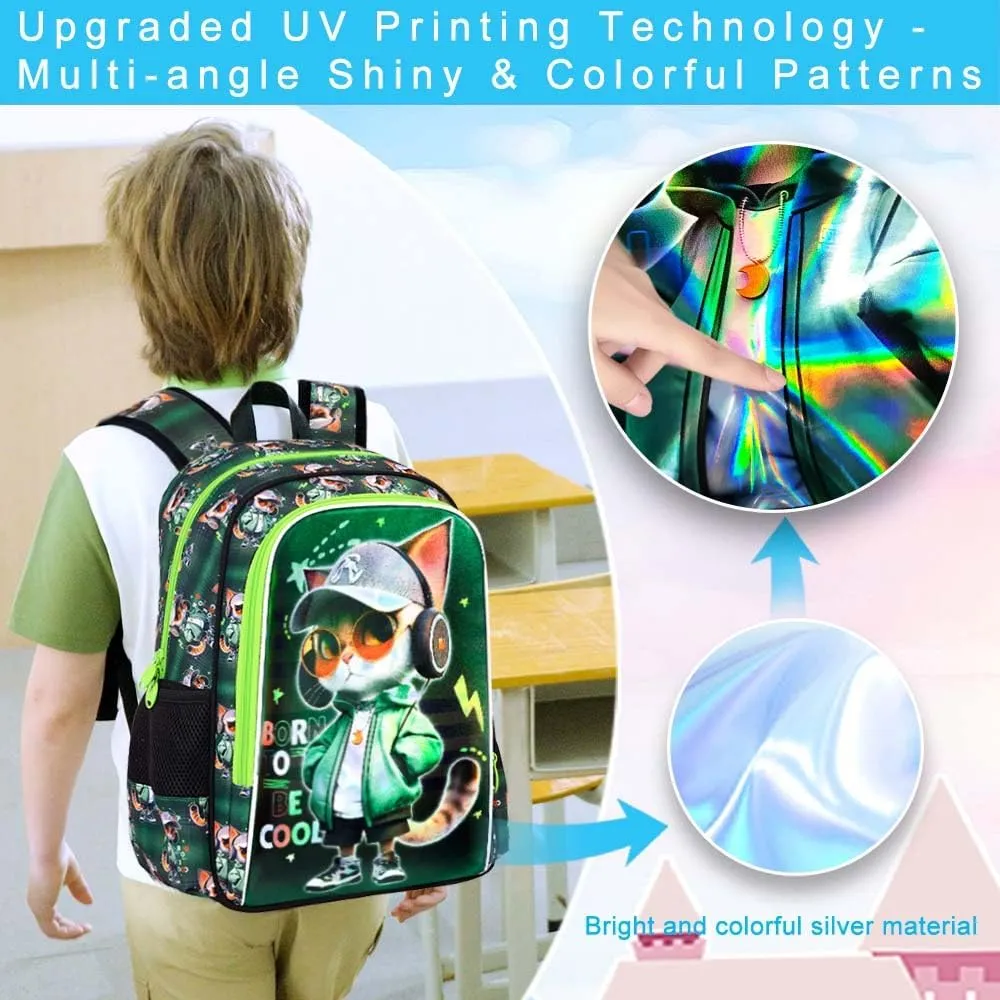 3PCS Cat Backpack for Boys, 16'' Kids Preschool Bookbag with Lunch Box, Cool Animal Water Resistant School Backpacks Set for Elementary Kindergarten Travel