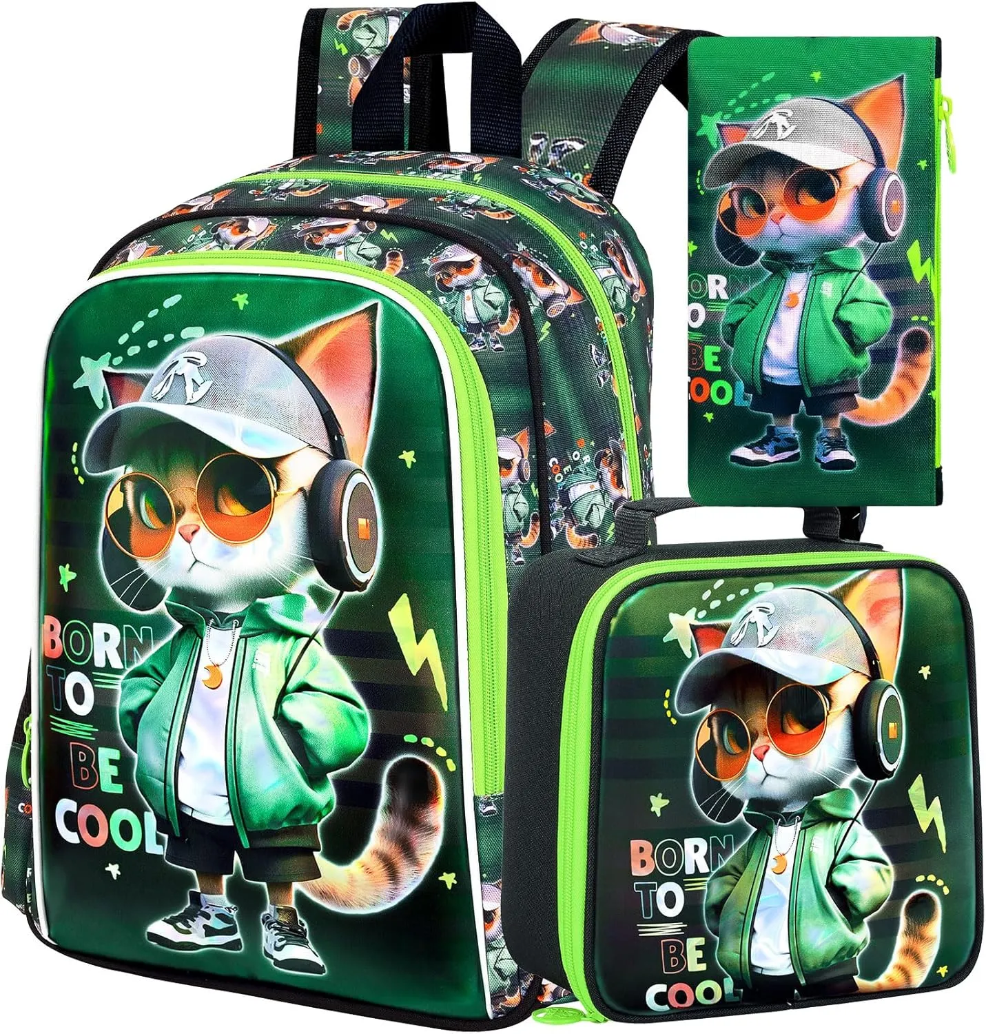 3PCS Cat Backpack for Boys, 16'' Kids Preschool Bookbag with Lunch Box, Cool Animal Water Resistant School Backpacks Set for Elementary Kindergarten Travel