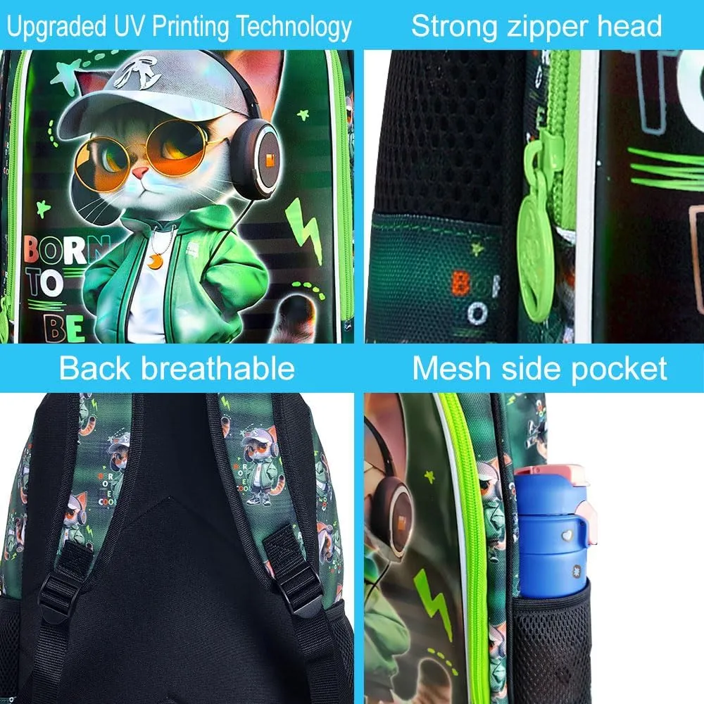 3PCS Cat Backpack for Boys, 16'' Kids Preschool Bookbag with Lunch Box, Cool Animal Water Resistant School Backpacks Set for Elementary Kindergarten Travel