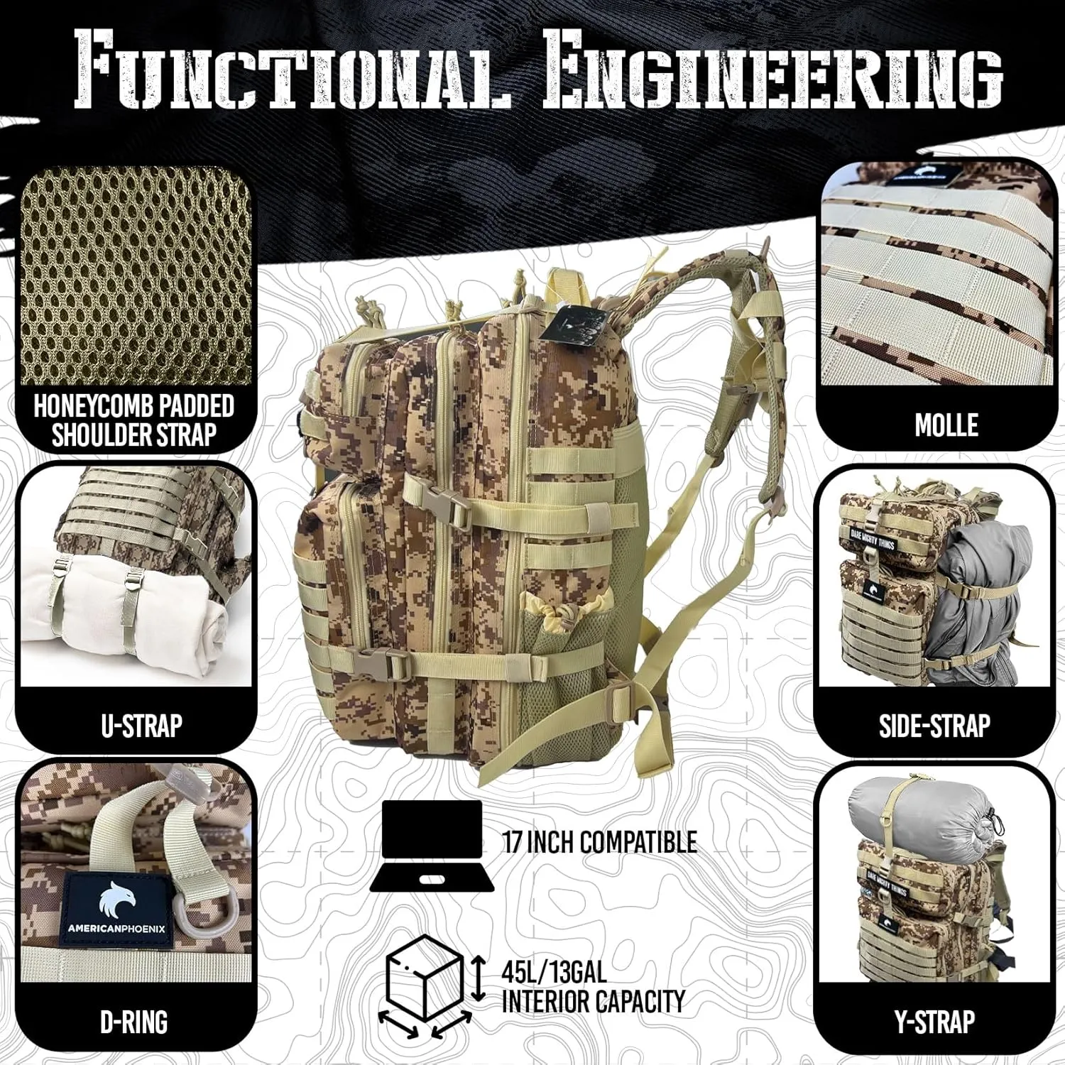 45L Elite Tactical Backpack | 3X Stronger Work & Military Backpack | Water Resistant and Heavy Duty | 3 Day MOLLE Bug Out Bag (Sand Storm)
