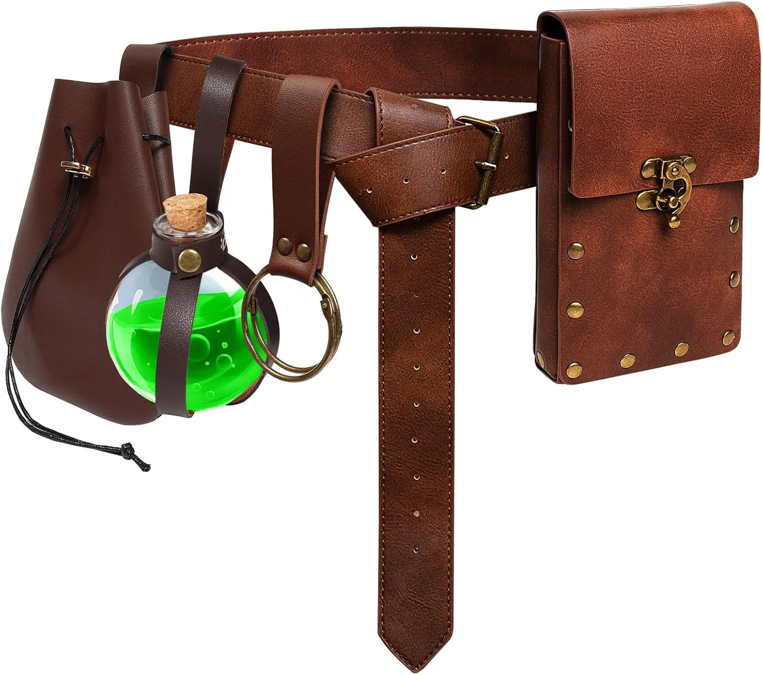 5 PCS Belt Pouch Waist Bag Retro Medieval Viking Leather Belt Magic Potion Bottle Renaissance Halloween Cosplay Costume Sets (Brown)