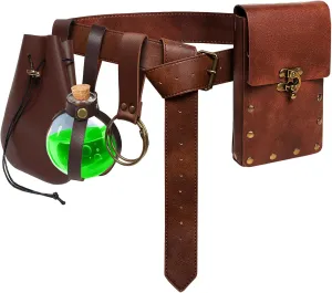 5 PCS Belt Pouch Waist Bag Retro Medieval Viking Leather Belt Magic Potion Bottle Renaissance Halloween Cosplay Costume Sets (Brown)
