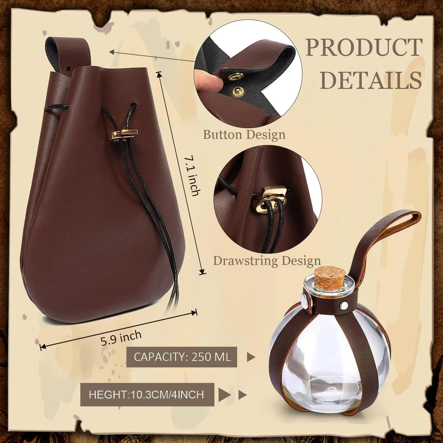 5 PCS Belt Pouch Waist Bag Retro Medieval Viking Leather Belt Magic Potion Bottle Renaissance Halloween Cosplay Costume Sets (Brown)