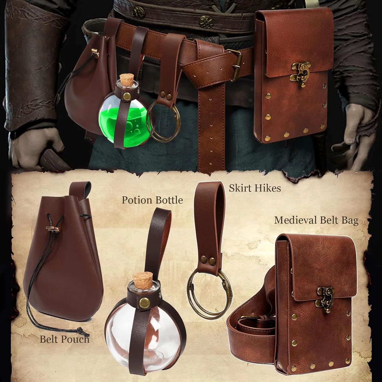 5 PCS Belt Pouch Waist Bag Retro Medieval Viking Leather Belt Magic Potion Bottle Renaissance Halloween Cosplay Costume Sets (Brown)