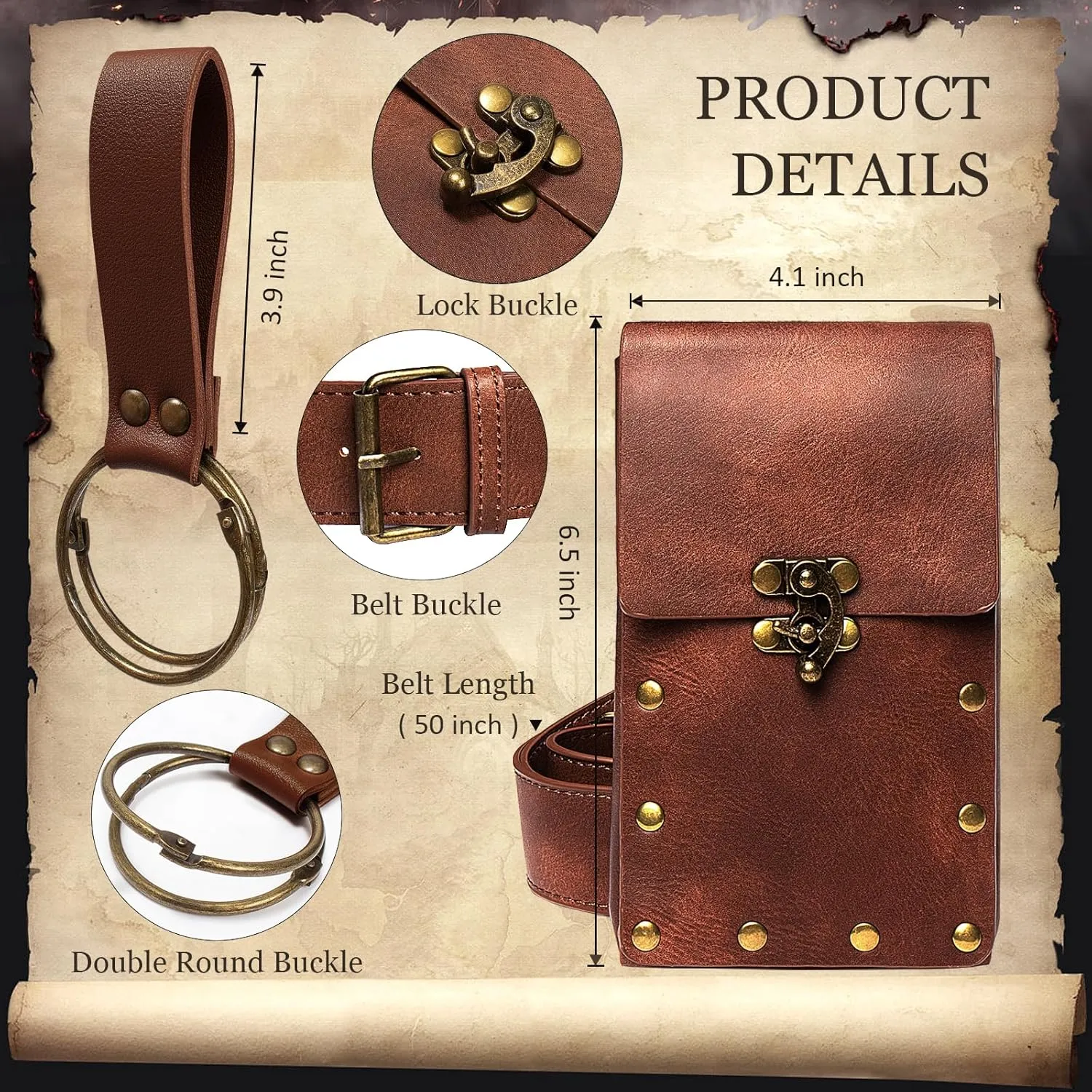5 PCS Belt Pouch Waist Bag Retro Medieval Viking Leather Belt Magic Potion Bottle Renaissance Halloween Cosplay Costume Sets (Brown)