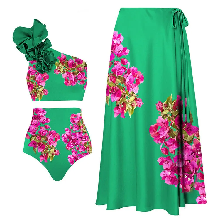 84Volt One Shoulder Floral Print Flared Skirt Swimsuit Set - Picture 1 / S