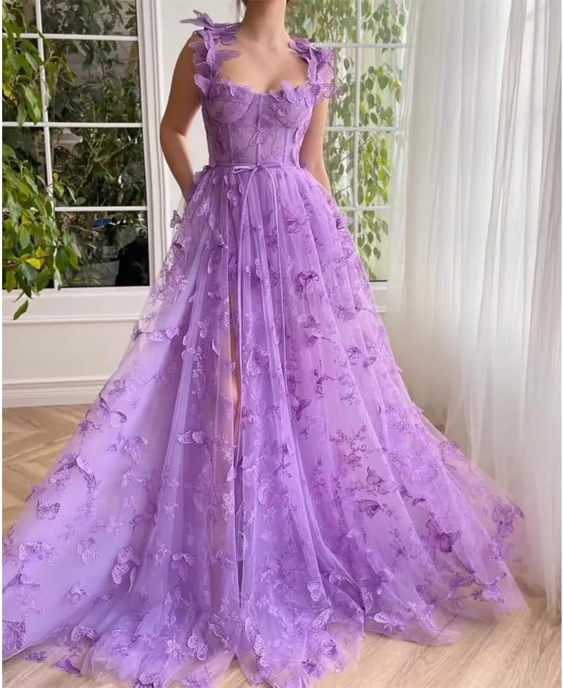 a line Butterfly Floral Pageant Party Dress lace Appliques Spaghetti Strapless Prom Dresses with Slit