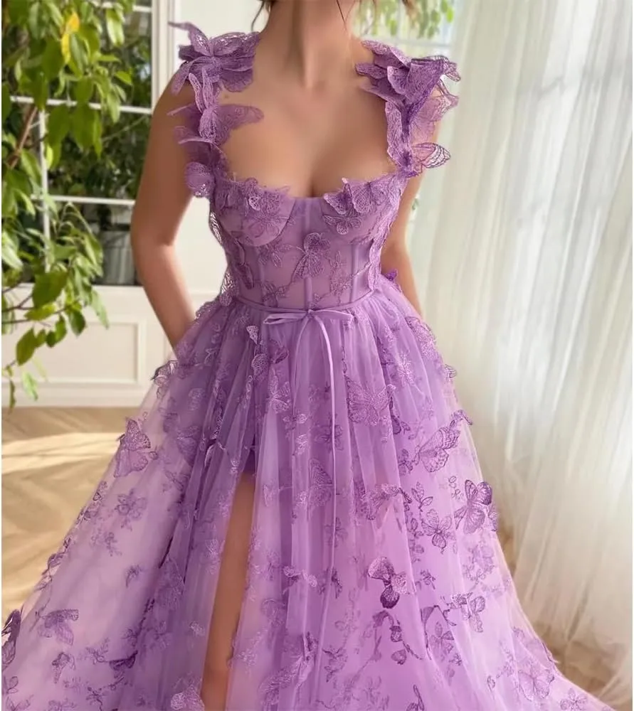 a line Butterfly Floral Pageant Party Dress lace Appliques Spaghetti Strapless Prom Dresses with Slit