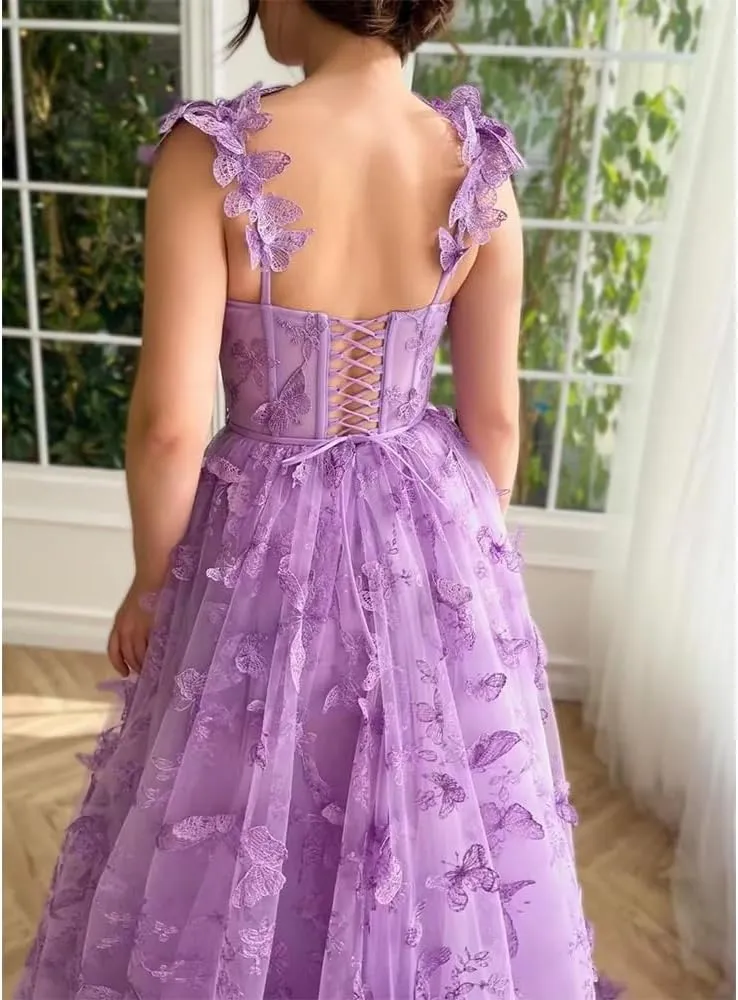 a line Butterfly Floral Pageant Party Dress lace Appliques Spaghetti Strapless Prom Dresses with Slit